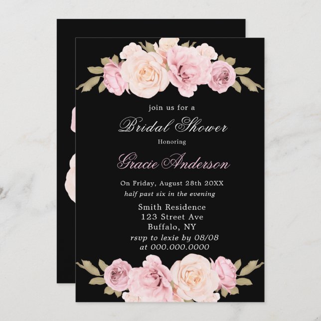 Black and Blush Pink Rose Bridal Shower Invitation (Front/Back)