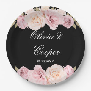 Black and Blush Pink Roses Chic Wedding Paper Plate