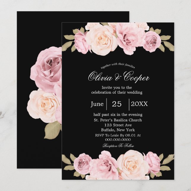 Black and Blush Pink Roses Wedding Invitation (Front/Back)