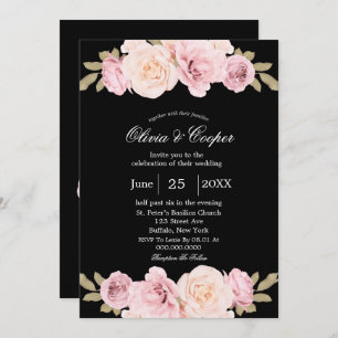 Black and Blush Pink Roses Wedding Invitation