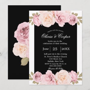 Black and Blush Pink Roses Wedding Invitation