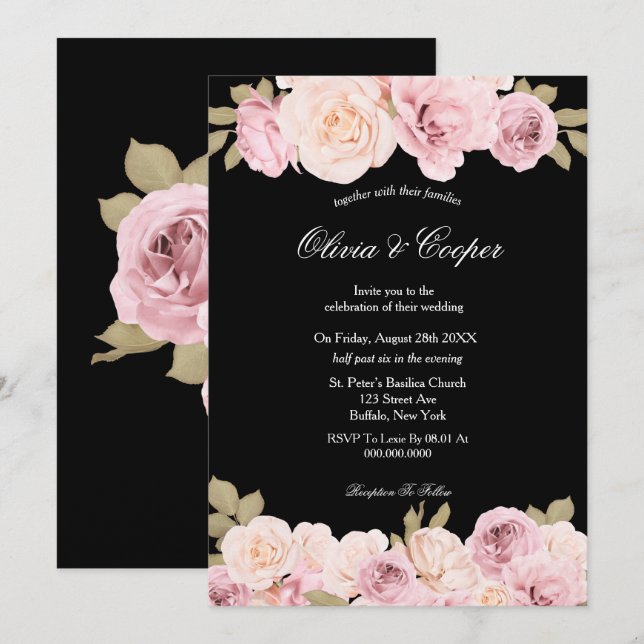 Black and Blush Pink Roses Wedding Invitation (Front/Back)