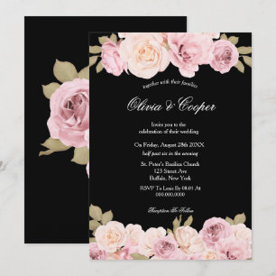Black and Blush Pink Roses Wedding Invitation