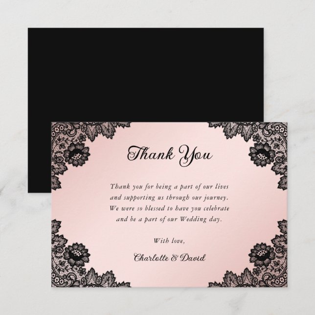 Black and Blush Pink Rustic Floral Lace Wedding Thank You Card (Front/Back)