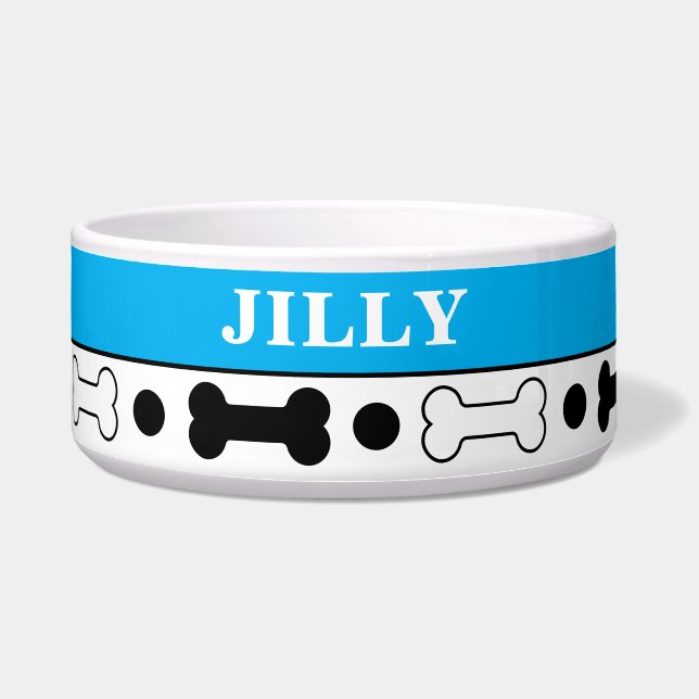 Black and Bright Blue Dog Bone Personalised Bowl (Front)