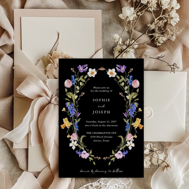 Black and Bright Boho Floral Wreath | Wedding Invitation (Creator Uploaded)