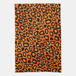 Black and Bright Orange Leopard Animal Print Tea Towel