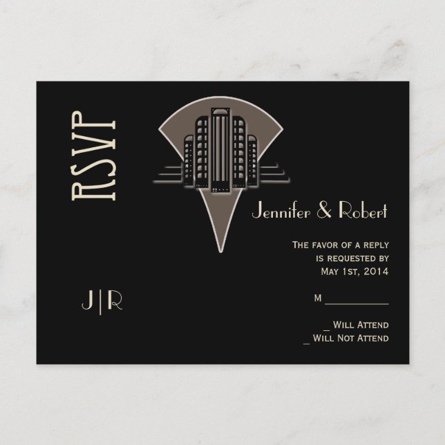 Black and Bronze Art Deco Tower RSVP Postcard (Front)