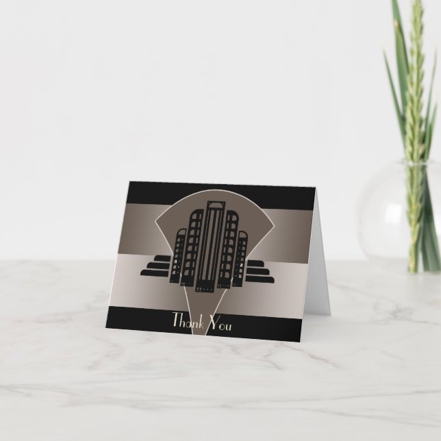 Black and Bronze Art Deco Tower Thank You Card (Front)