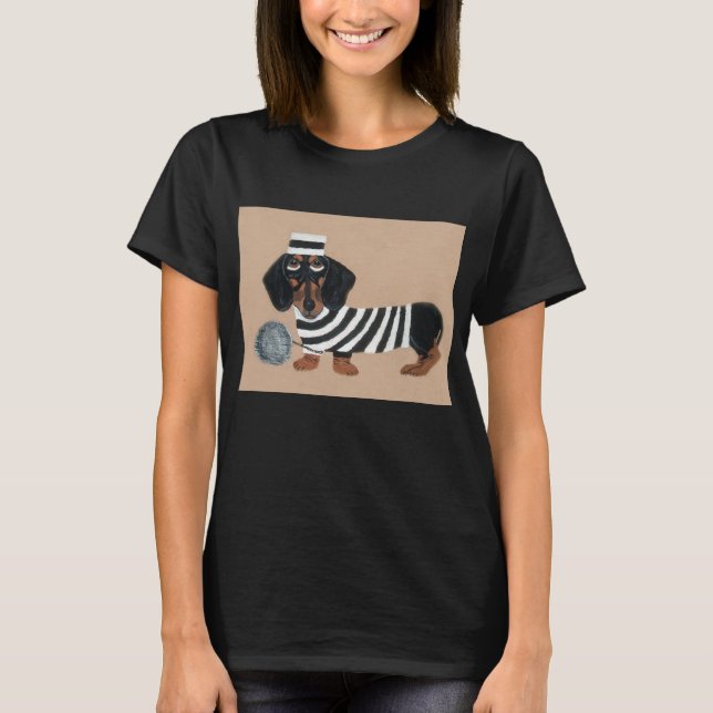 Black and Brown Dachshund Treat Thief Jailbird T-Shirt (Front)