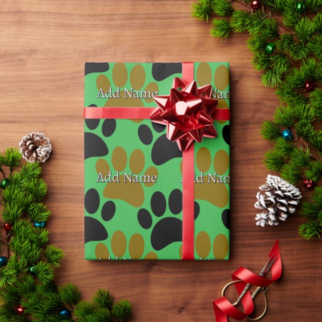 Black and Brown Dog Paw Print Custom Name Green  Wrapping Paper (Holiday Gift)