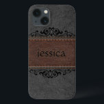 Black And Brown Leather Black Floral Accents iPhone 13 Case<br><div class="desc">Image of vintage aged look,  black and brown stitched leather with black decorative floral element accent and customisable monogram.</div>