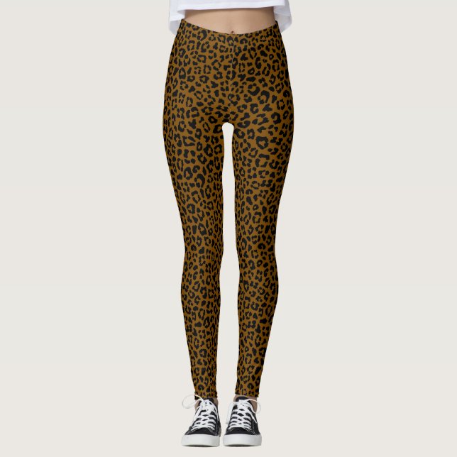 Black and Brown Leopard Print Fun Safari Pattern Leggings (Front)