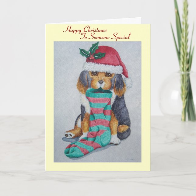 black and brown puppy with stocking for christmas holiday card (Front)
