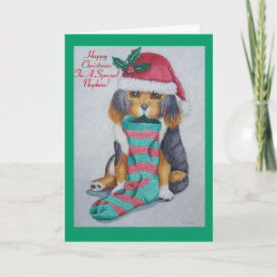black and brown puppy with stocking for christmas holiday card