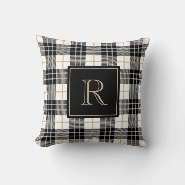 Black and Brown Tartan Plaid Family Monogram Cushion (Front)