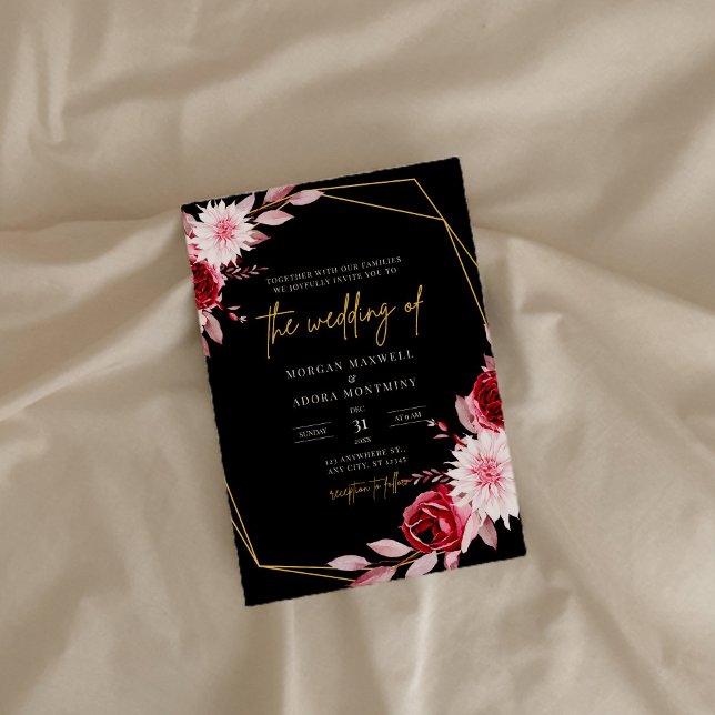 Black and Burgundy Gold Geometric Wedding Invitation (Creator Uploaded)