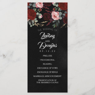 Black and Burgundy Red Floral Wedding Programs Programme