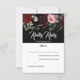 Black and Burgundy Red Floral Wedding RSVP