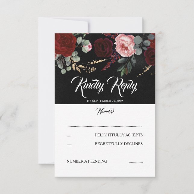 Black and Burgundy Red Floral Wedding RSVP (Front)