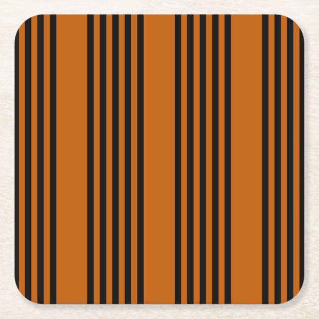 Black and burnt orange five stripe pattern square paper coaster (Front)
