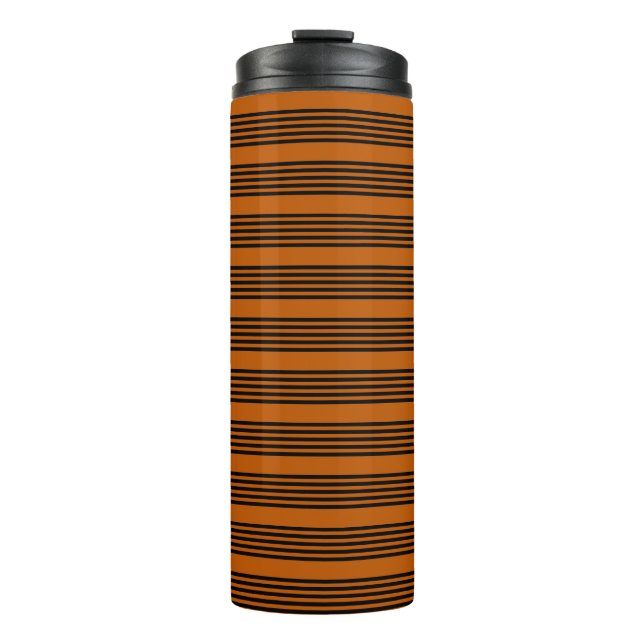 Black and burnt orange five stripe pattern thermal tumbler (Front)