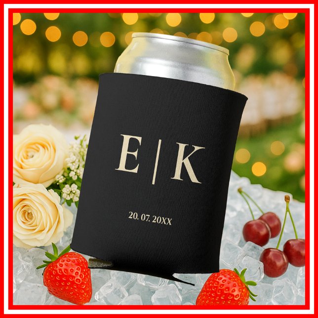 Black and Butter Yellow Monogram Wedding Can Cooler (Creator Uploaded)