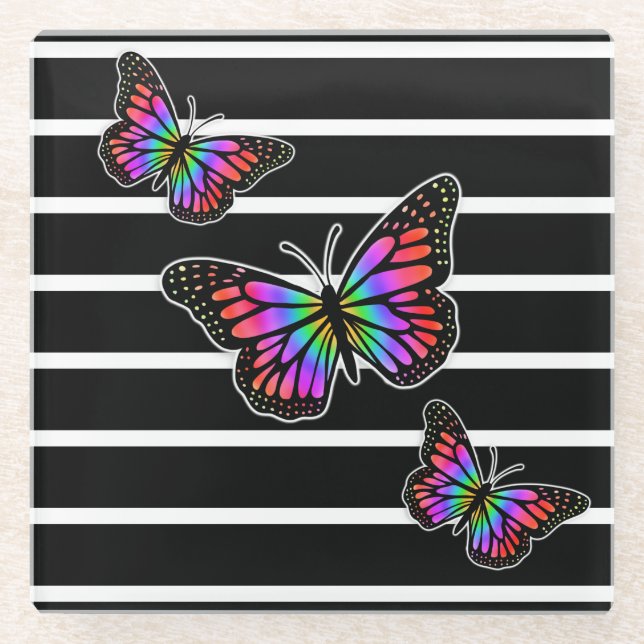 Black and Butterfly Striped Modern Glass Coaster (Front)