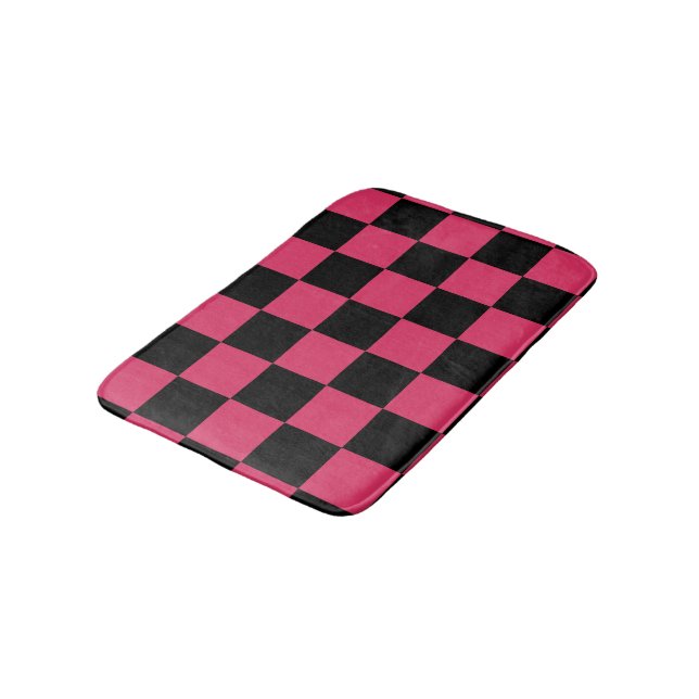 Black and Cerise Pink Chequered Pattern Bath Mat (Angled)