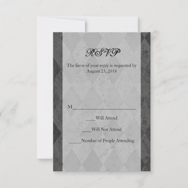Black and Charcoal Harlequin with Script RSVP Card (Front)