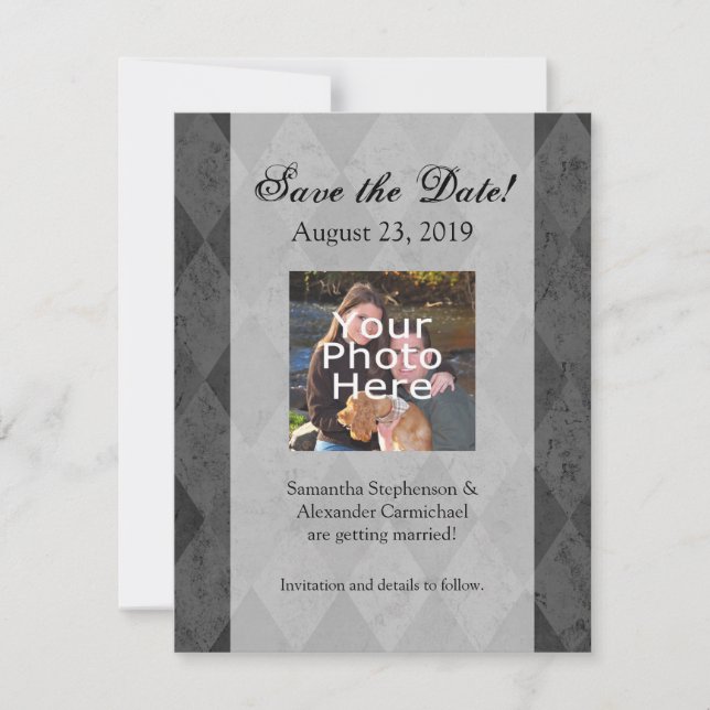 Black and Charcoal Harlequin with Script Save The Date (Front)