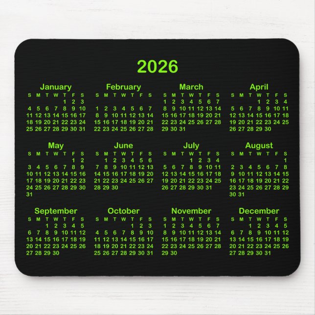 Black and Chartreuse Green 2026 Calendar Mouse Mat (Front)