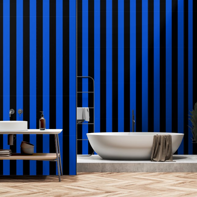 Black And Cobalt Blue Ultra Wide 4 Inch Stripe Wallpaper (Bathroom)