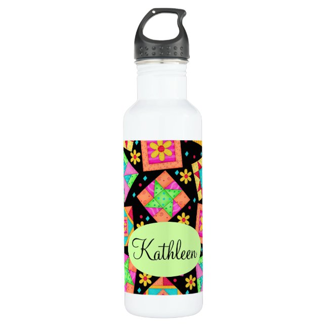 Black and Colourful Patchwork Quilt Block Art 710 Ml Water Bottle (Front)