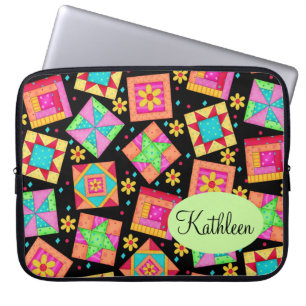 Black and Colourful Patchwork Quilt Block Art Laptop Sleeve