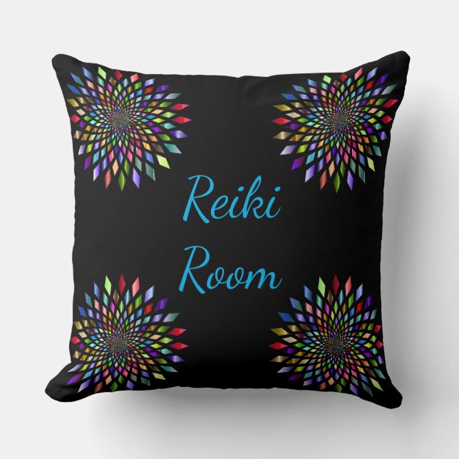 Black and colourful Reiki Room design Cushion (Front)