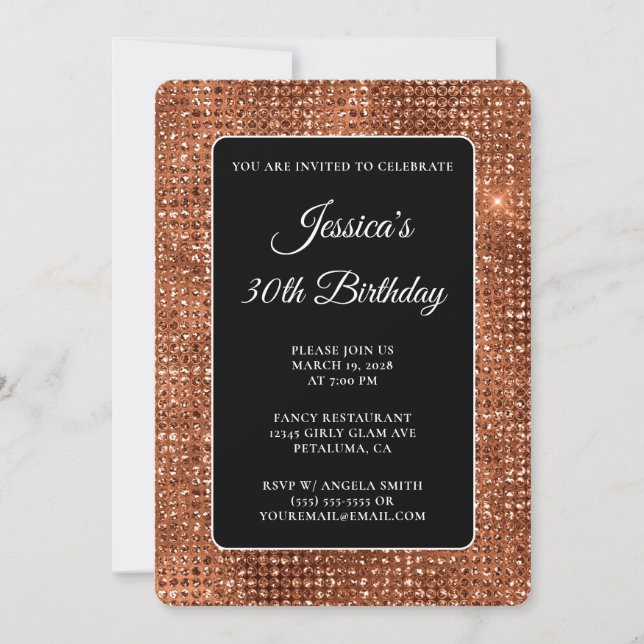 Black and Copper Disco Glitter 30th Birthday Invitation (Front)