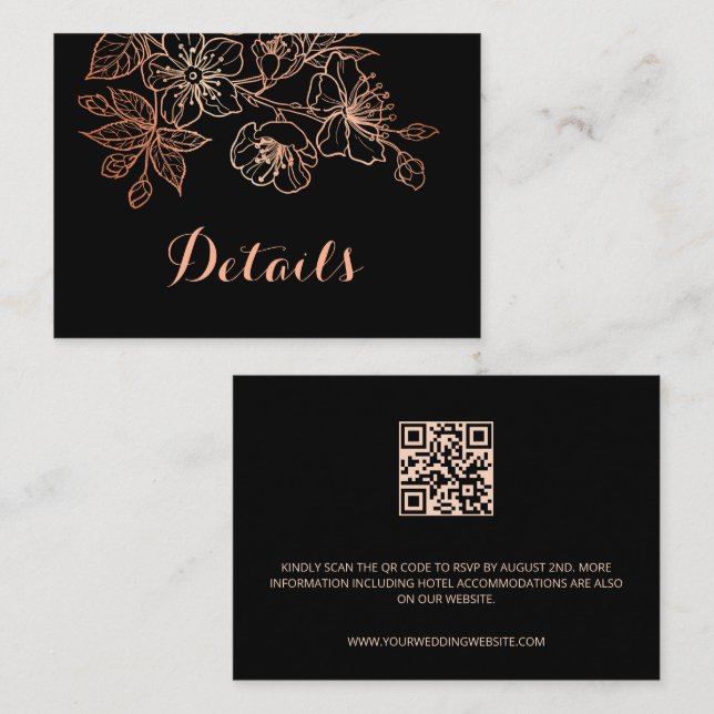 Black And Copper Floral | QR Code Goth Wedding Enclosure Card (Front/Back)