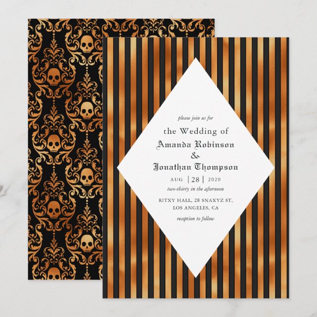 Black and Copper Skulls Gothic Wedding Invitation (Front/Back)