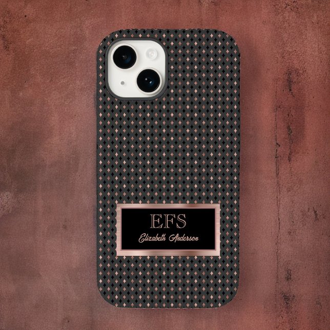 Black and Coppery Faux Rose Gold Elegant Monogram Case-Mate iPhone Case (Creator Uploaded)