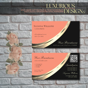 Black and Coral Gold Decor with QR-Code Modern Business Card