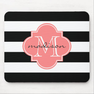 Black and Coral Nautical Stripes Custom Monogram Mouse Mat