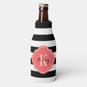 Black and Coral Preppy Stripes Monogram Bottle Cooler