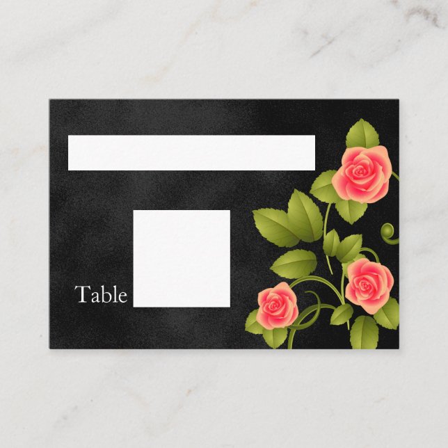 Black and Coral Rose Wedding Place Card (Front)