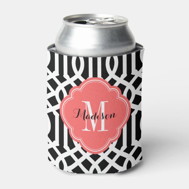 Black and Coral Trellis Monogram Can Cooler (Can Front)