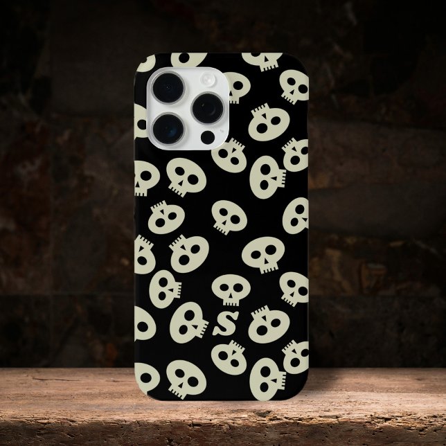 Black and Cream Cute Skulls Pattern Monogram Case-Mate iPhone Case (Add your initial to this cute skull phone case!)