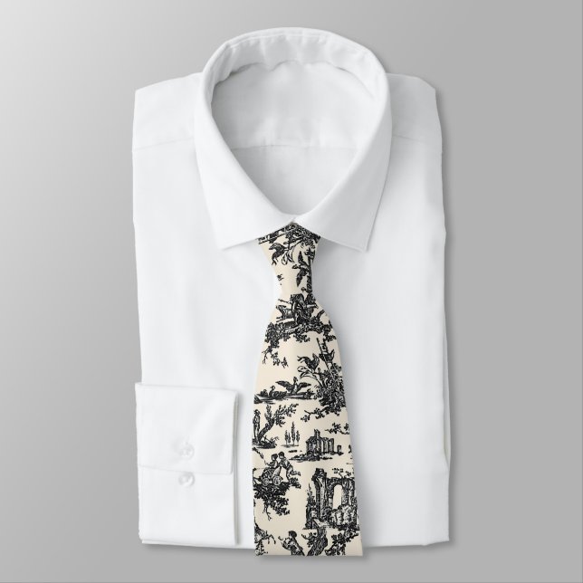 Black and Cream French Toile Neck Tie (Tied)