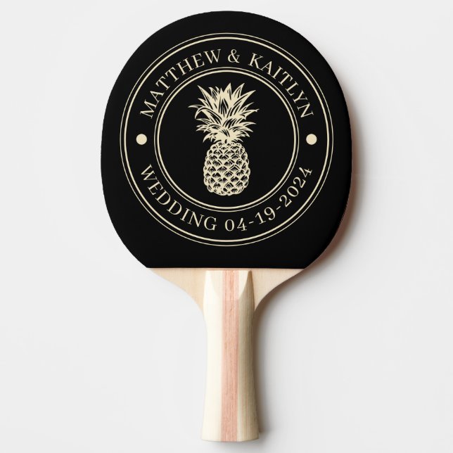 Black and Cream Pineapple Wedding Crest & Names Ping Pong Paddle (Front)