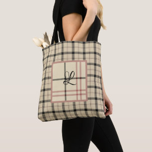 Black and Cream Plaid Personalised Tote Bag