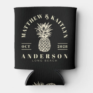 Black and Cream Tropical Pineapple Wedding Crest Can Cooler